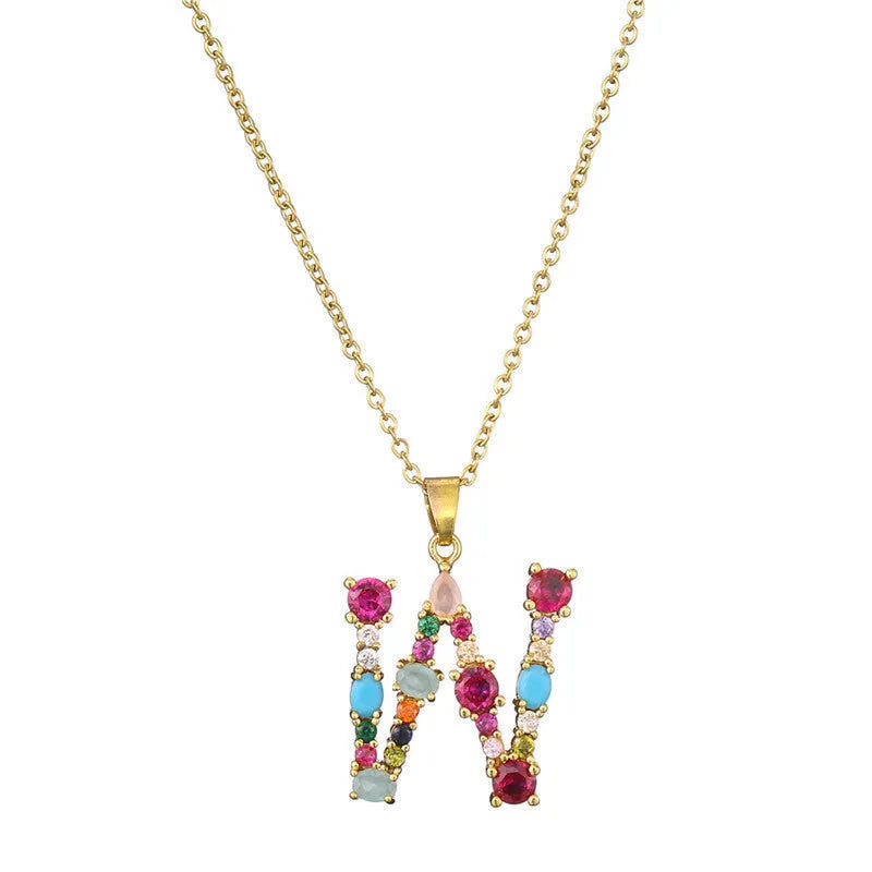 Copper micro-set zirconium English letter initial pendant with matching chain, light luxury style