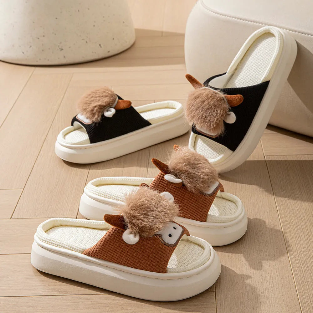 Women's linen indoor slippers with EVA soft sole, hollow-out upper, toe ring flip flop style, khaki or black, sizes 36-45