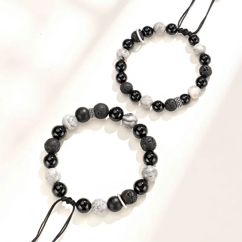 Black agate map stone volcanic rock bracelet with diamond shape and electroplated metal, shown in 8mm and 10mm sizes