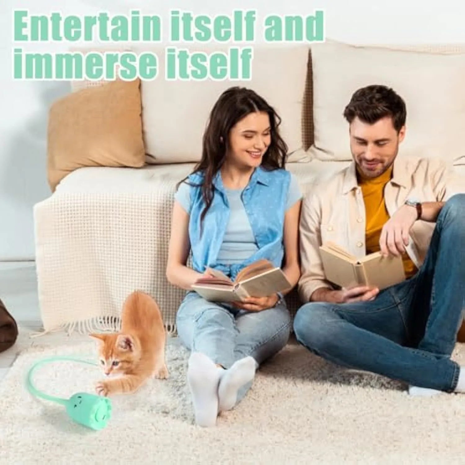 Green interactive cat toy with electronic wand and swinging silicone tails for indoor cats