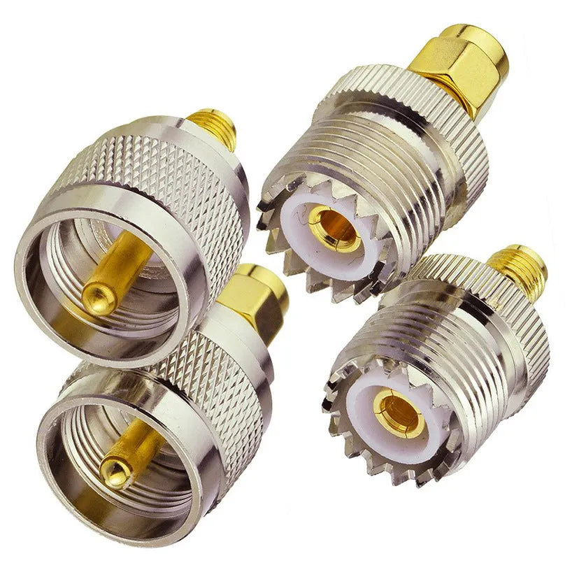 Four-piece UHF male PL259 and SO239 to SMA female coaxial adapter set for radio frequency use