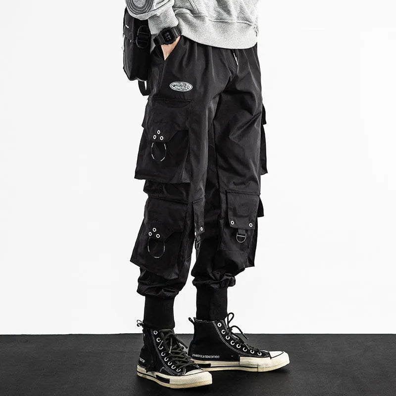 Men's black baggy cropped cargo pants with bound hem, side cargo pockets, size M to 5XL