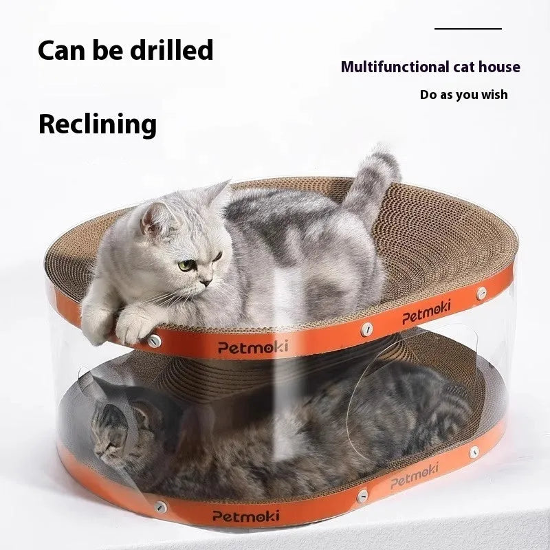 White transparent Diamond 2-in-1 cat nest tunnel with integrated scratch board, dimensions 58x45x23cm