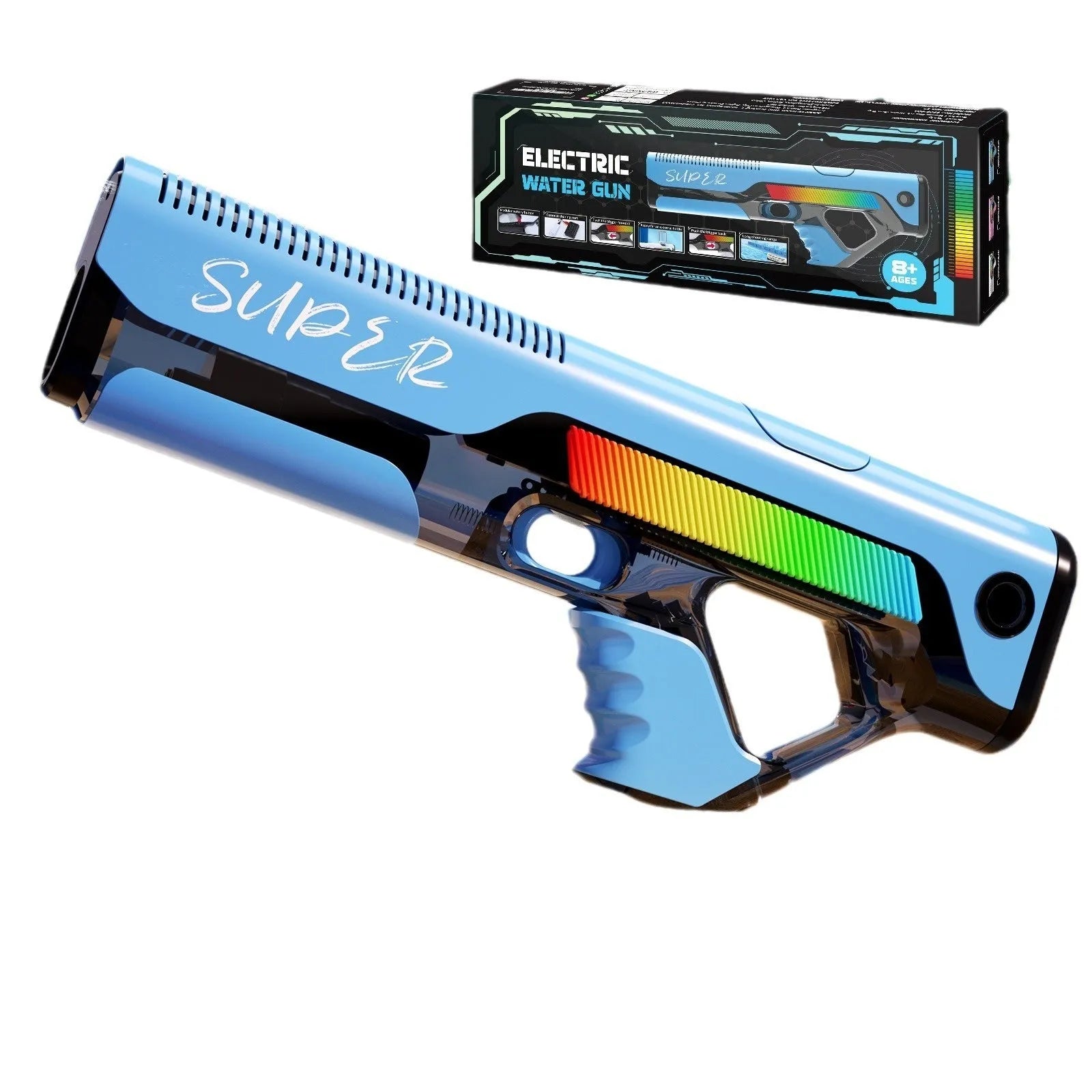 Automatic feeding electric water gun in blue with plastic body and USB port, 42x17x5 cm outdoor toy