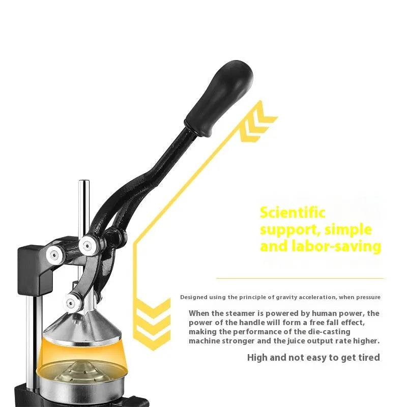 Black ductile cast iron manual citrus juicer with stainless steel strainer on a kitchen counter