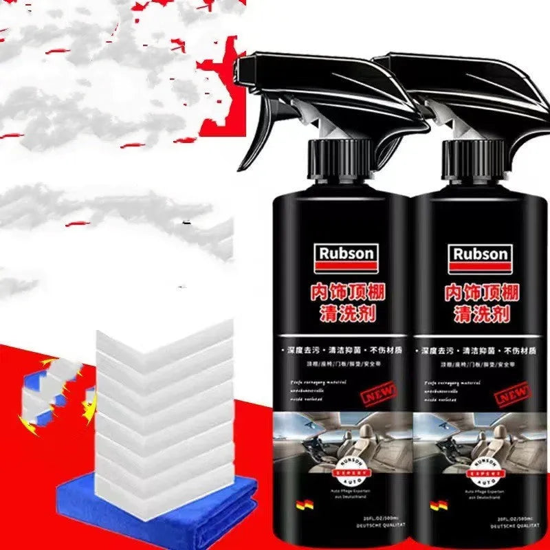 Wash free fabric roof foam cleaner bottle with towel and sponge wipes for ultrasonic ceiling cleaning.
