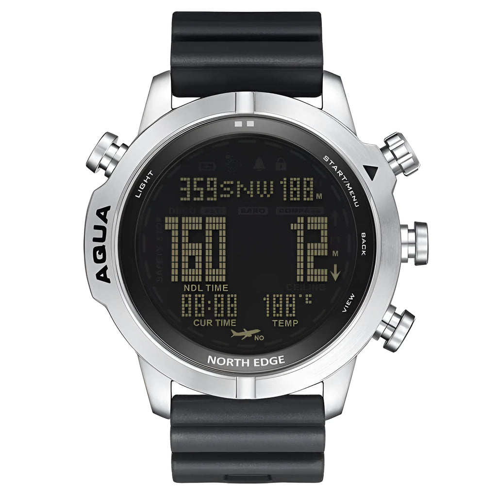 Black and white dial smart watch for outdoor sports with altitude and air pressure measurement functions.