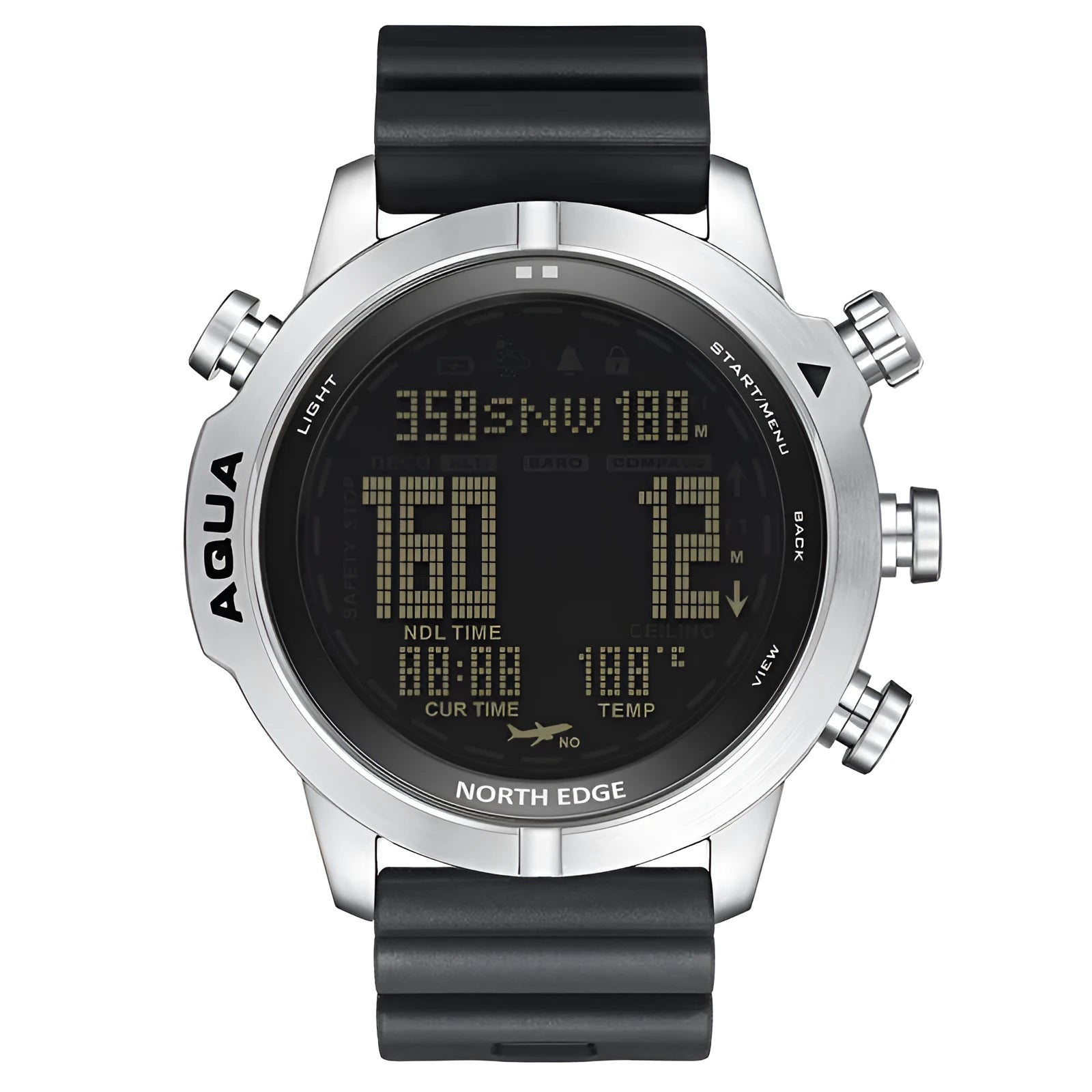 Black and white dial smart watch for outdoor sports with altitude and air pressure measurement functions.