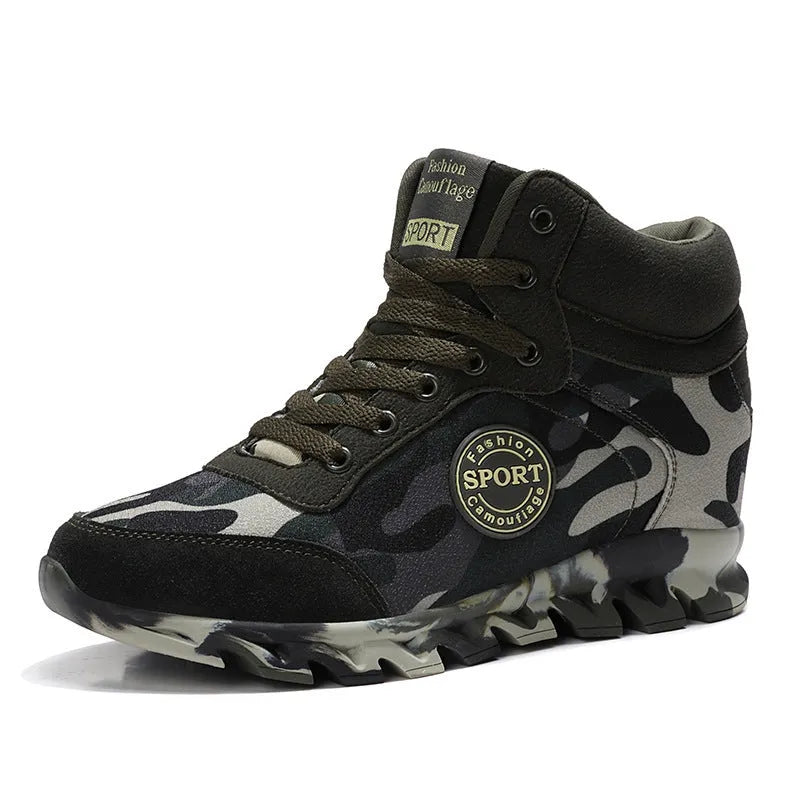 Women's green camouflage print canvas sneakers with rubber sole and increased sole design