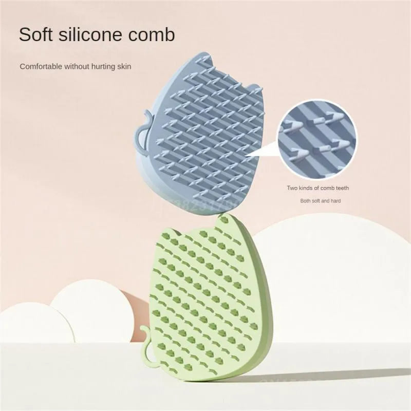 Blue silicone sponge pet grooming brush with comb teeth for removing cat and dog hair.
