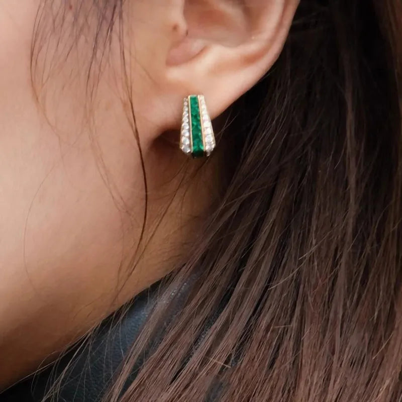 Copper geometric clip-on earrings for women with faux emerald and inlaid zircon in yellow gold
