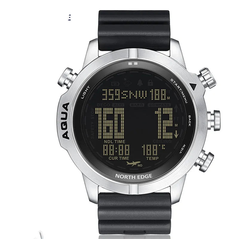 Black and white dial smart watch for outdoor sports with altitude and air pressure measurement functions.
