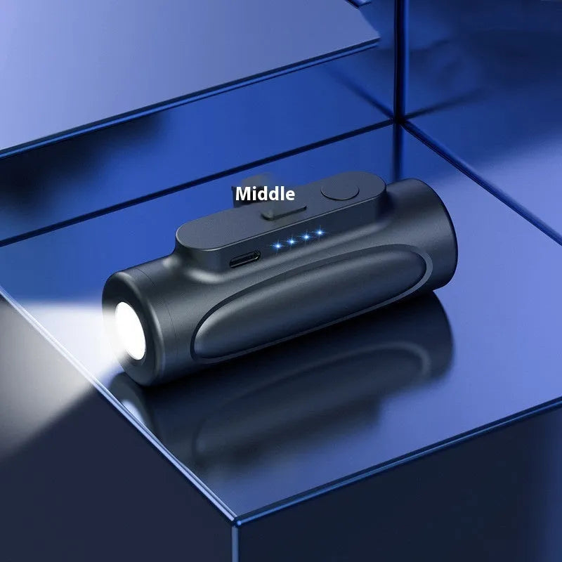 Black creative power bank with integrated LED flashlight, showing USB-C port, dimensions 83x27x41mm.