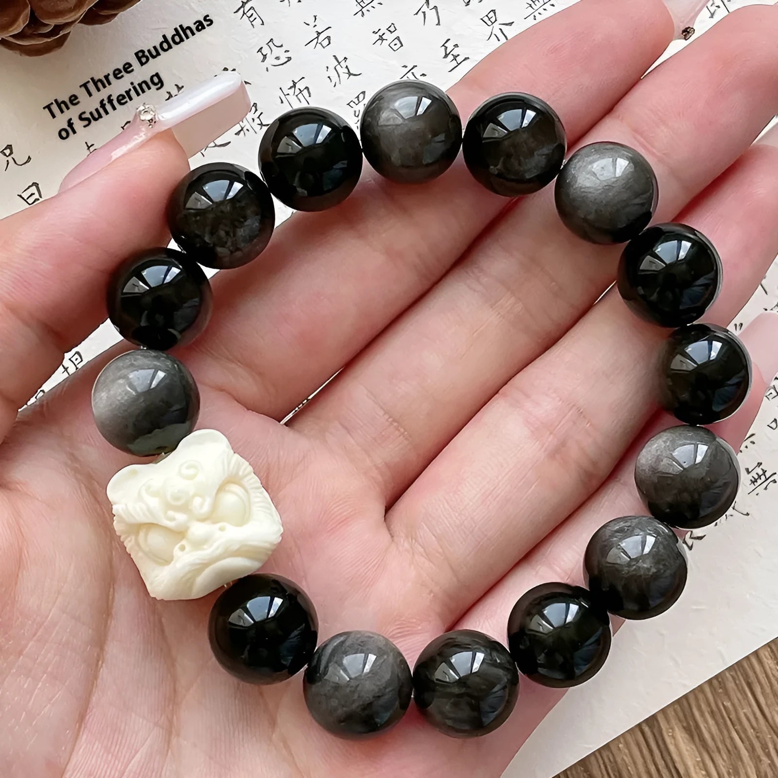 Obsidian prayer beads bracelet with chamfered square grain design in 12mm or 14mm size