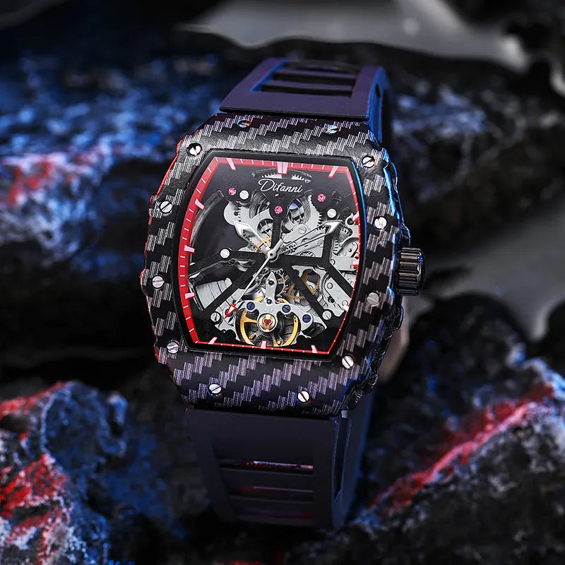 Men's automatic mechanical watch with black dial, luminous hands, stainless steel case, and black rubber strap.