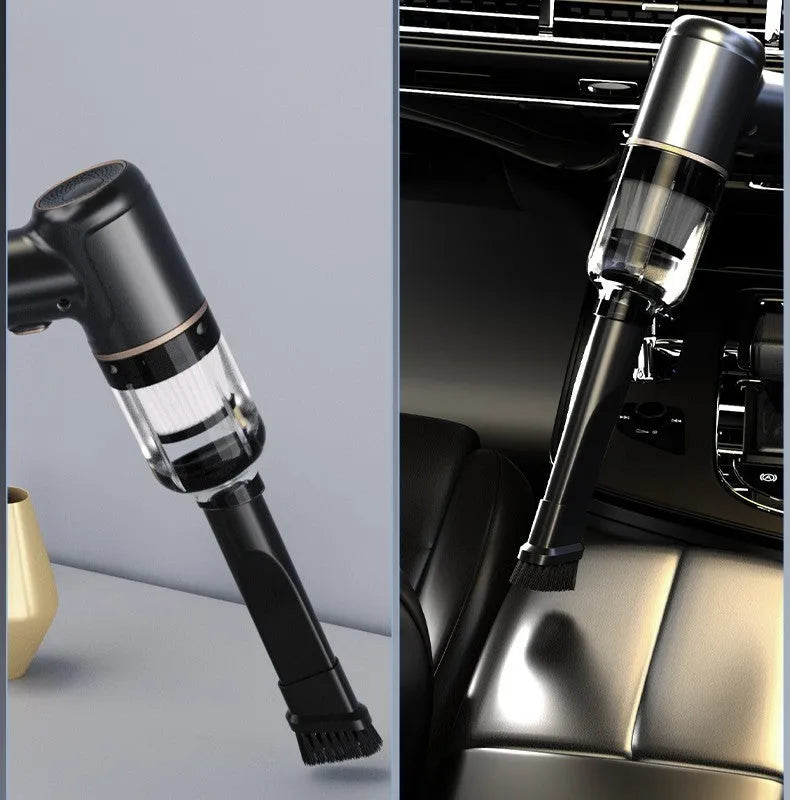 Black wireless handheld vacuum cleaner with multiple nozzle attachments for car and home use.