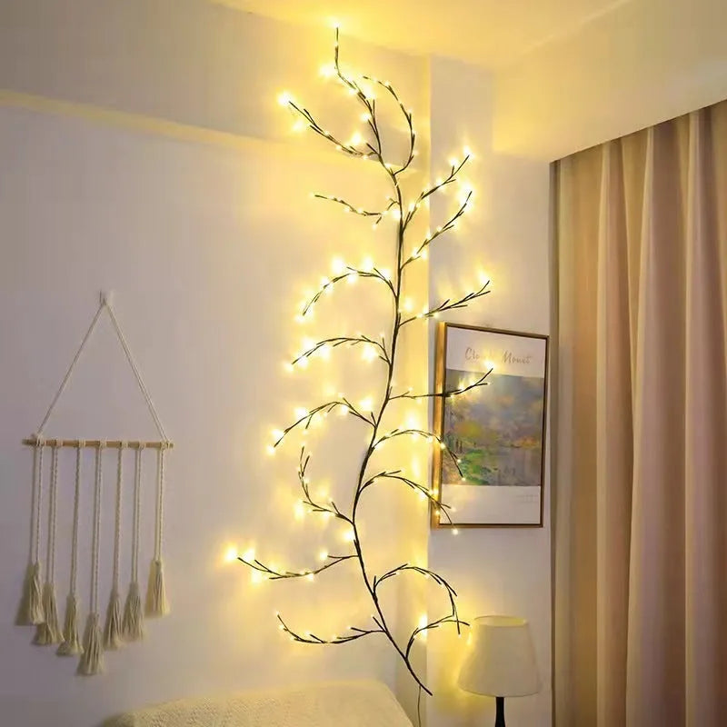 Flexible LED vine light garland with warm white LEDs on birch-texture branches for wall decoration