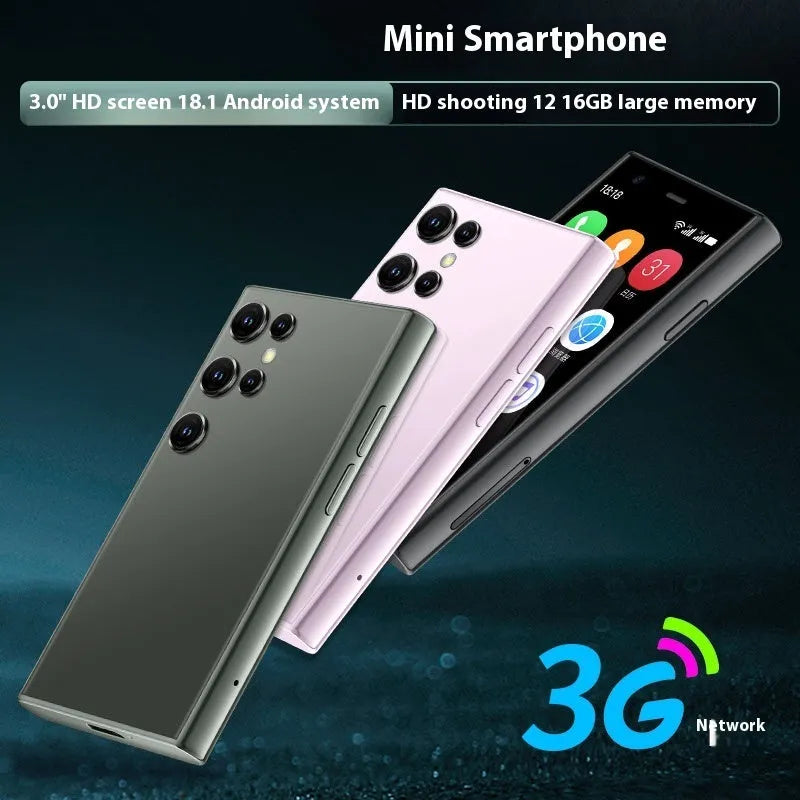 Mini smartphone with 30-inch screen in black, green or pink purple straight plate design showing Android interface