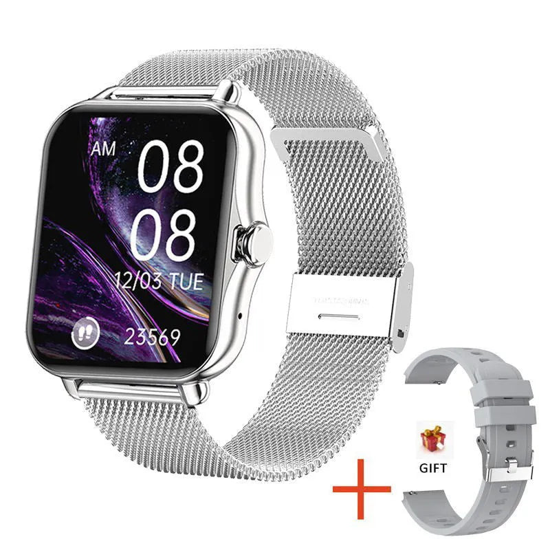 Smart watch with silicone wristband and 240x240 screen, available in white, pink, blue, black or mesh belt colours