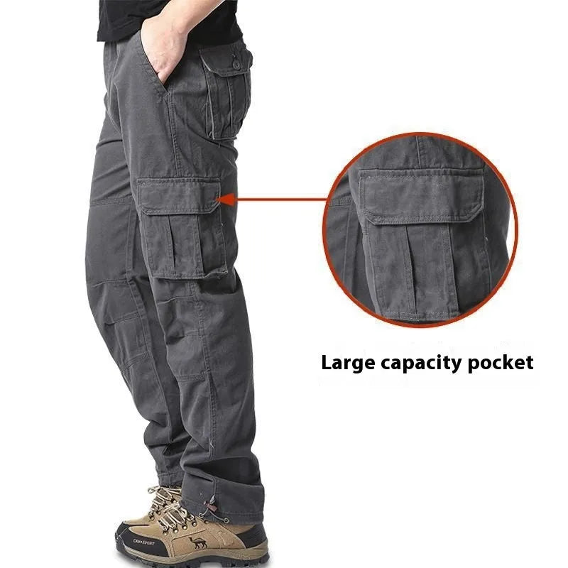 Men's multi-pocket 100% cotton cargo pants in khaki, mid waist with zipper fly, size M-5XL