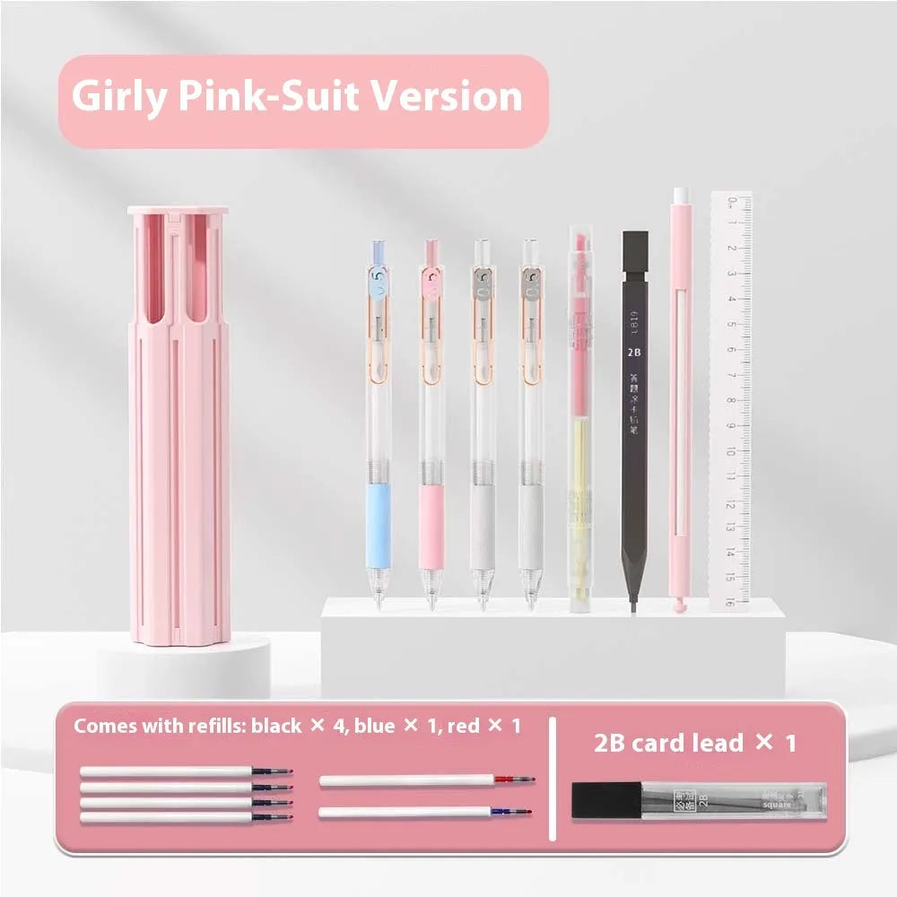 Six pens pencil case kit with pressing pen in plastic construction