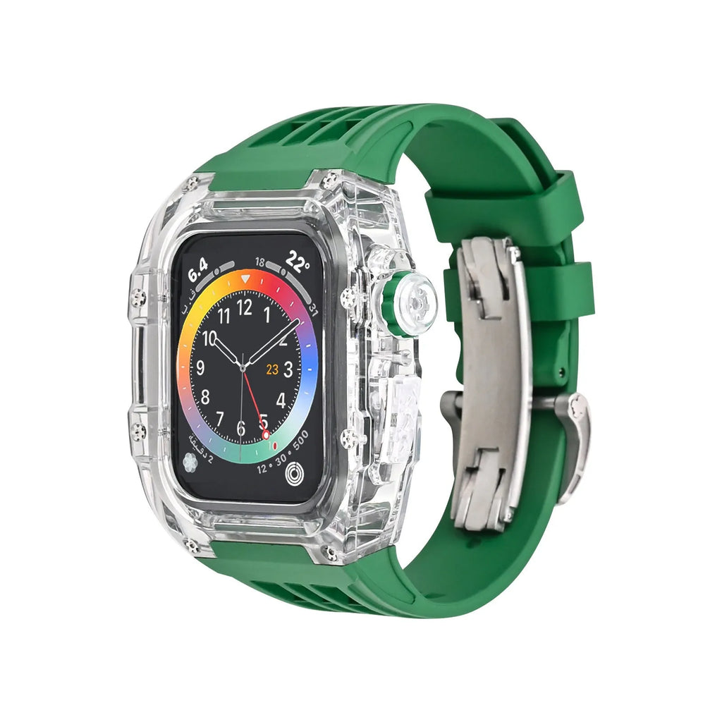 Transparent watch case with fluorine rubber band and bow buckle for Apple Watch 44mm and 45mm, colour orange