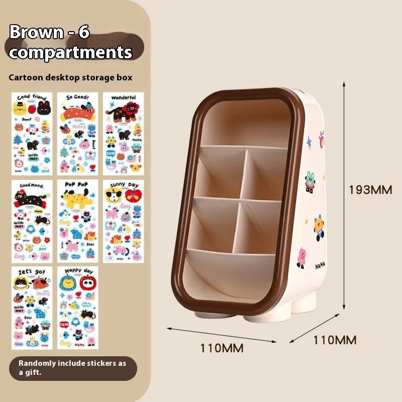 Cartoon-style plastic desktop organiser with grid compartments and red or brown stickers.