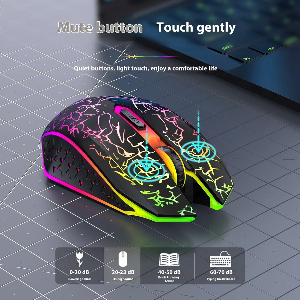 Black and white dual-mode 2.4G Bluetooth rechargeable gaming mouse with breathing light on a desktop.