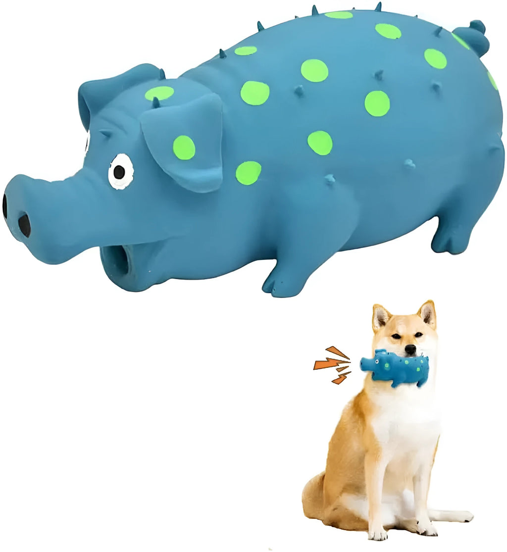 Blue latex pig-shaped dog chew toy with a textured surface and squeaker inside.