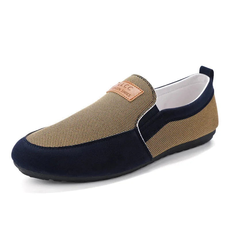 Men's grey and khaki canvas casual board shoes with round toe and rubber sole.