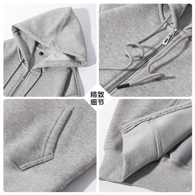 Man wearing a beige heavyweight cotton zipper hoodie with a hood and front pockets, showing loose fit.