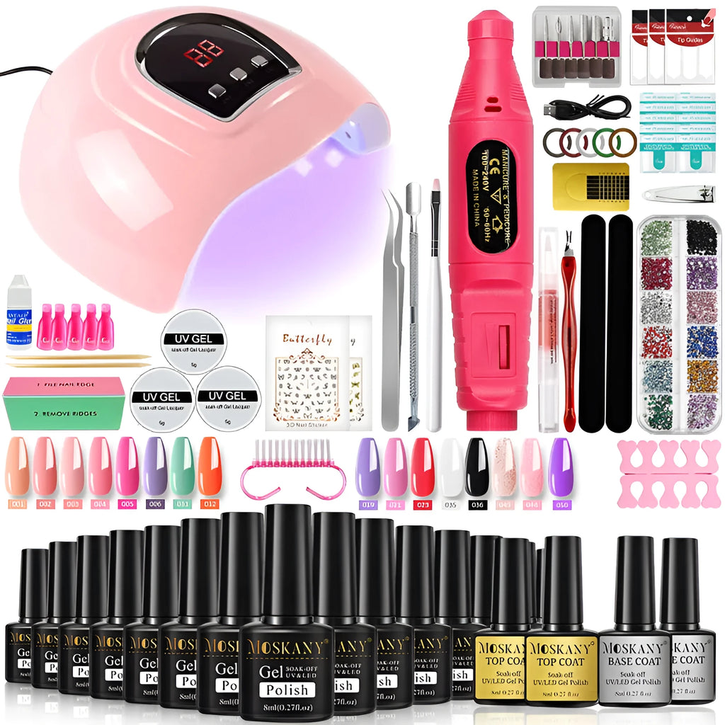 Gel nail polish set with UV lamp, USB cable, and plastic suit in multicolor finish