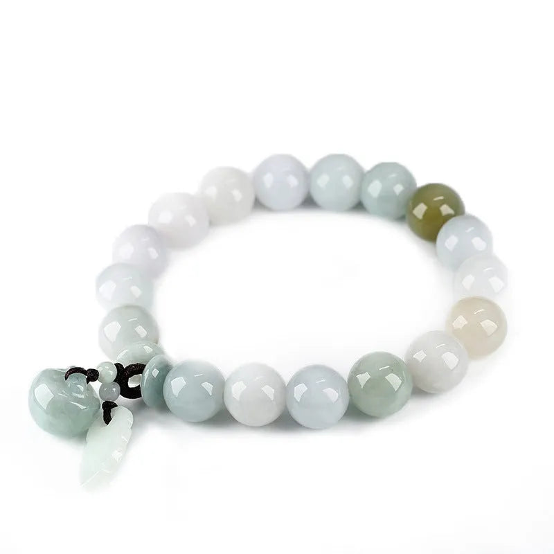 Natural jade hanging bracelet with geometric shape showing six colour and design variations.
