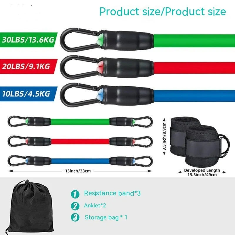 Set of three blue TPE resistance bands (10lb, 20lb, 30lb) with ankle buckles, two black foot loops, and a grey storage bag.