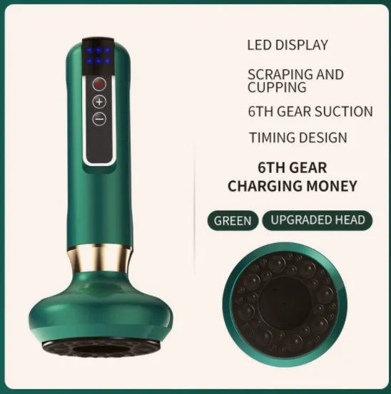 Green electric vacuum cupping massager device with USB cable on a white background