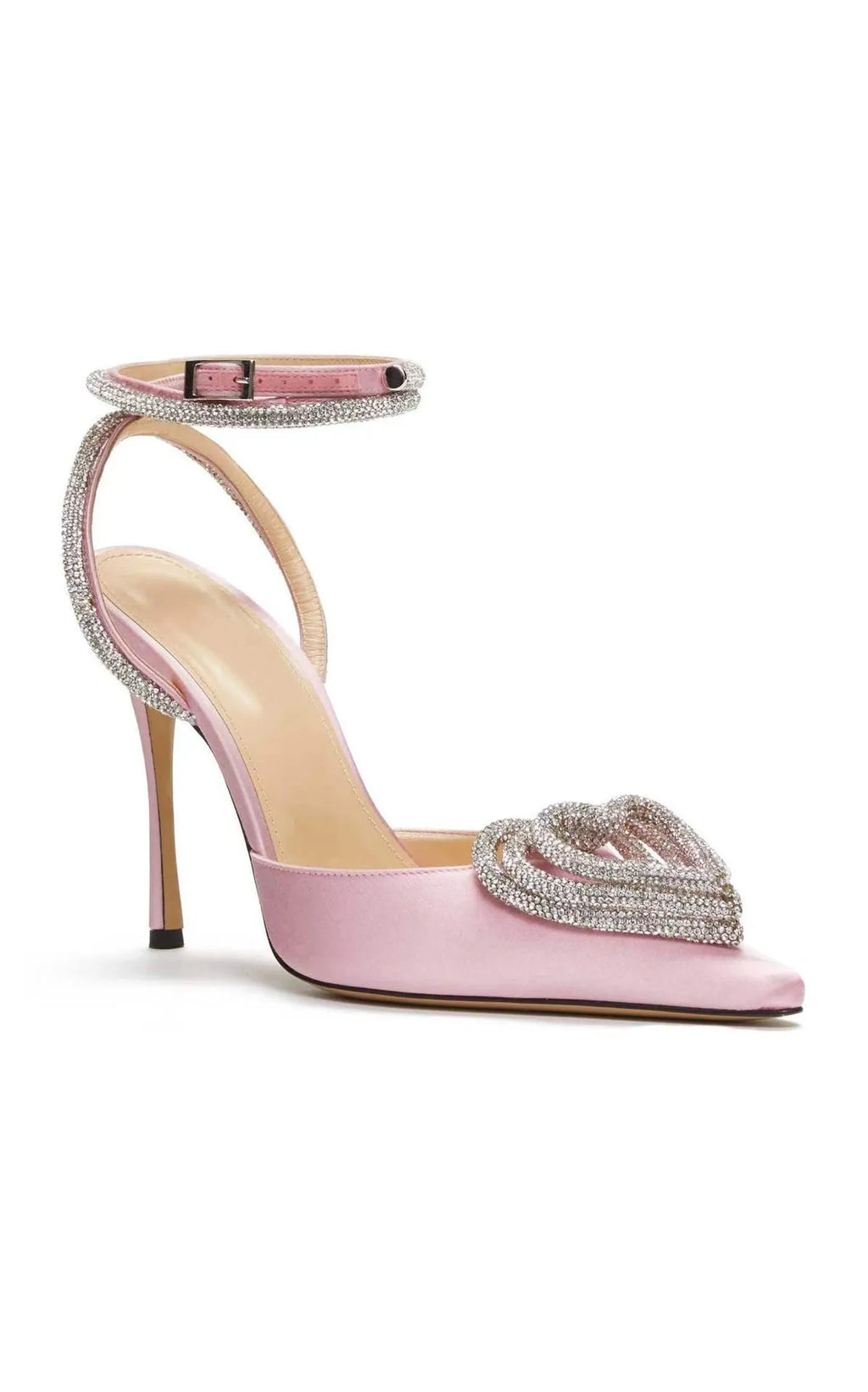 Women's satin sandals with heart-shaped rhinestone toe straps and adjustable ankle wrapping