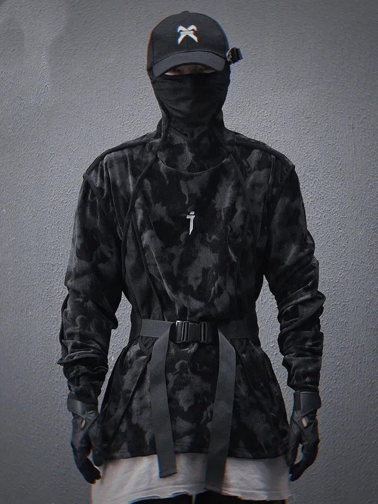 Men's black tie dye printed sweater with finger turtleneck collar and drop shoulder sleeves