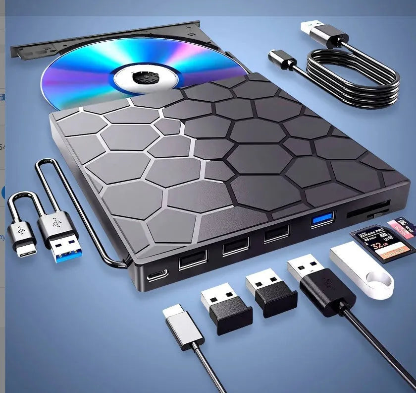 Black external USB CD drive with burner functionality for laptops
