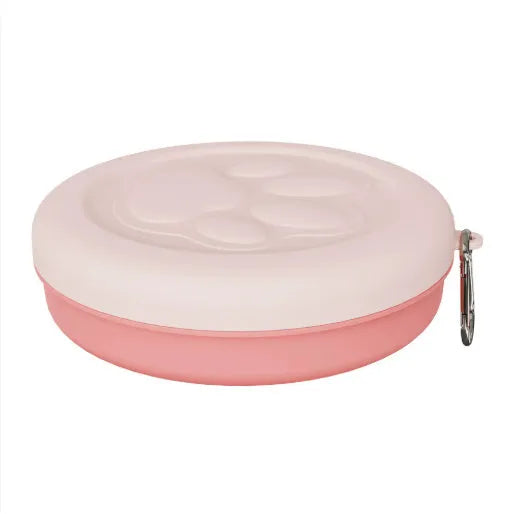 Collapsible portable dog bowl in light pink and green colour options showing folded and unfolded positions