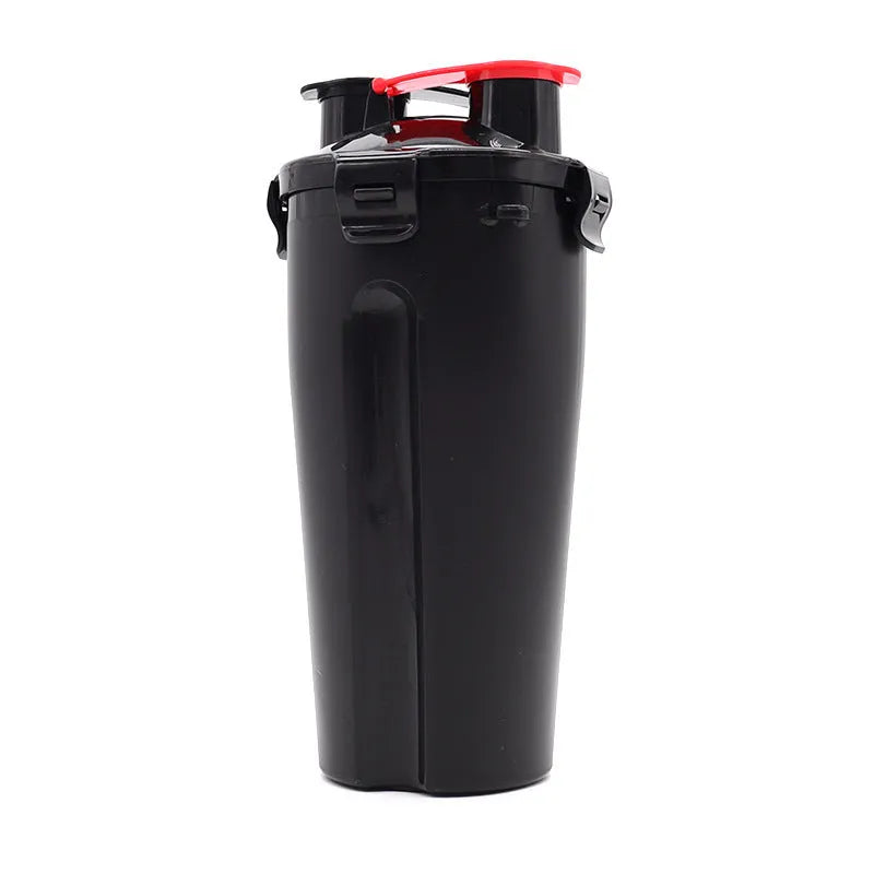 Portable pet water and food cup with two compartments showing water and food storage sections