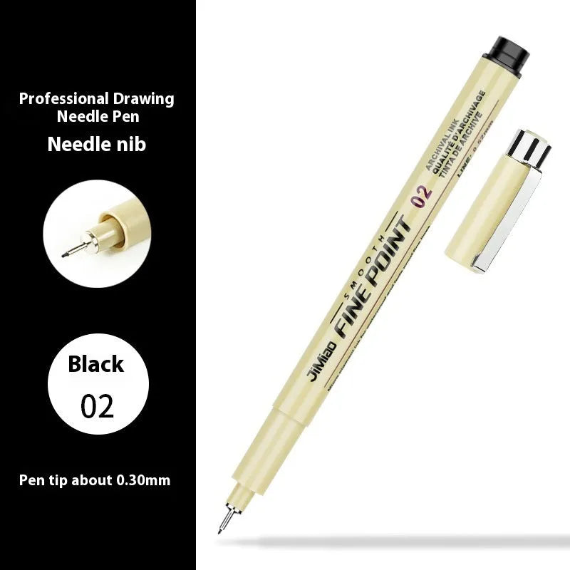 Waterproof needle pen with hand-drawn cartoon syringe design, black ink, 133mm length.
