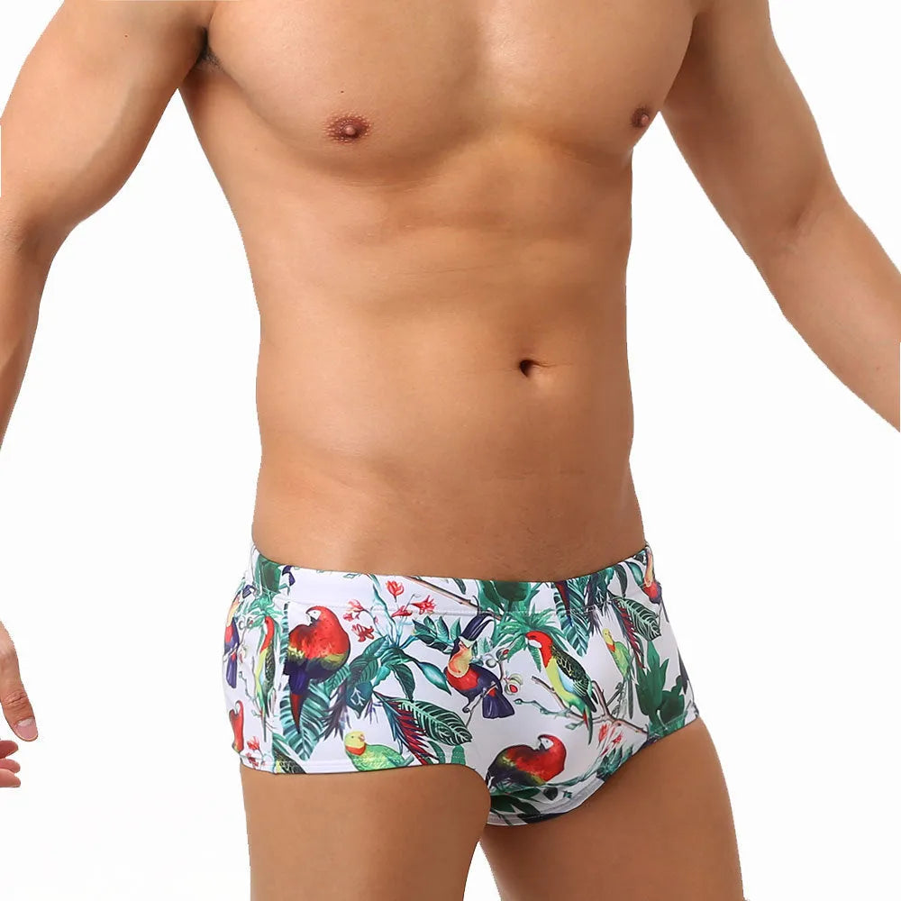 Men's flower-bird print swimming trunks in nylon fabric with cup cover detail