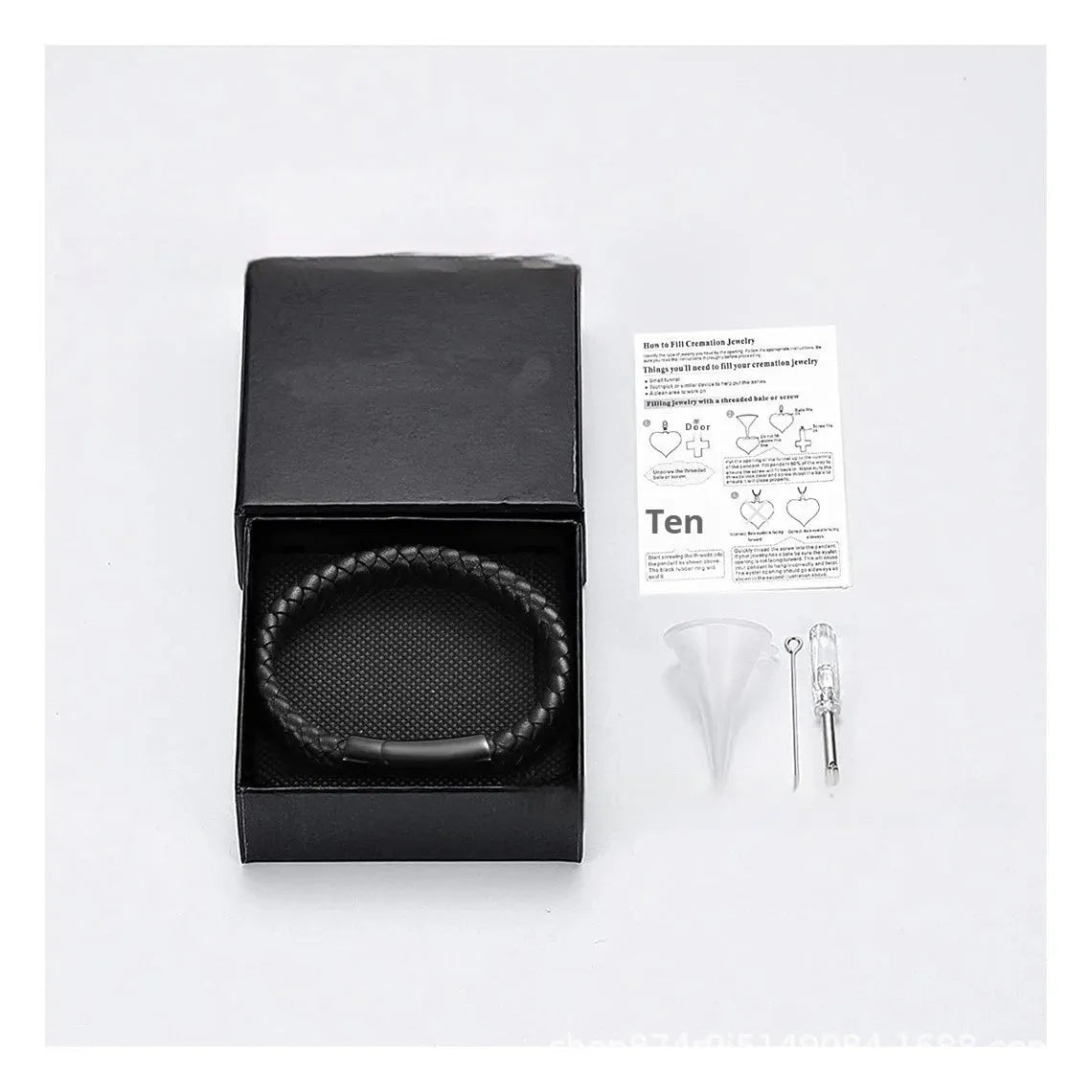 Men's black woven leather bracelet with a stainless steel casket capsule for remembrance.