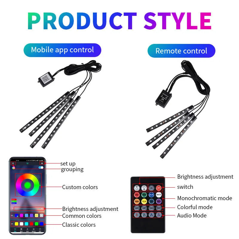 Car interior atmosphere lighting strips with voice control and multiple colour modes