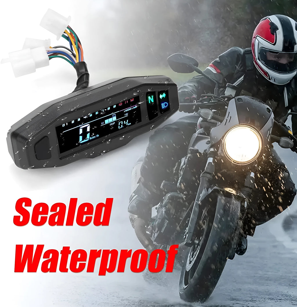 Black motorcycle LCD speedometer with oil gauge, tachometer, and odometer on a 103x25mm screen.