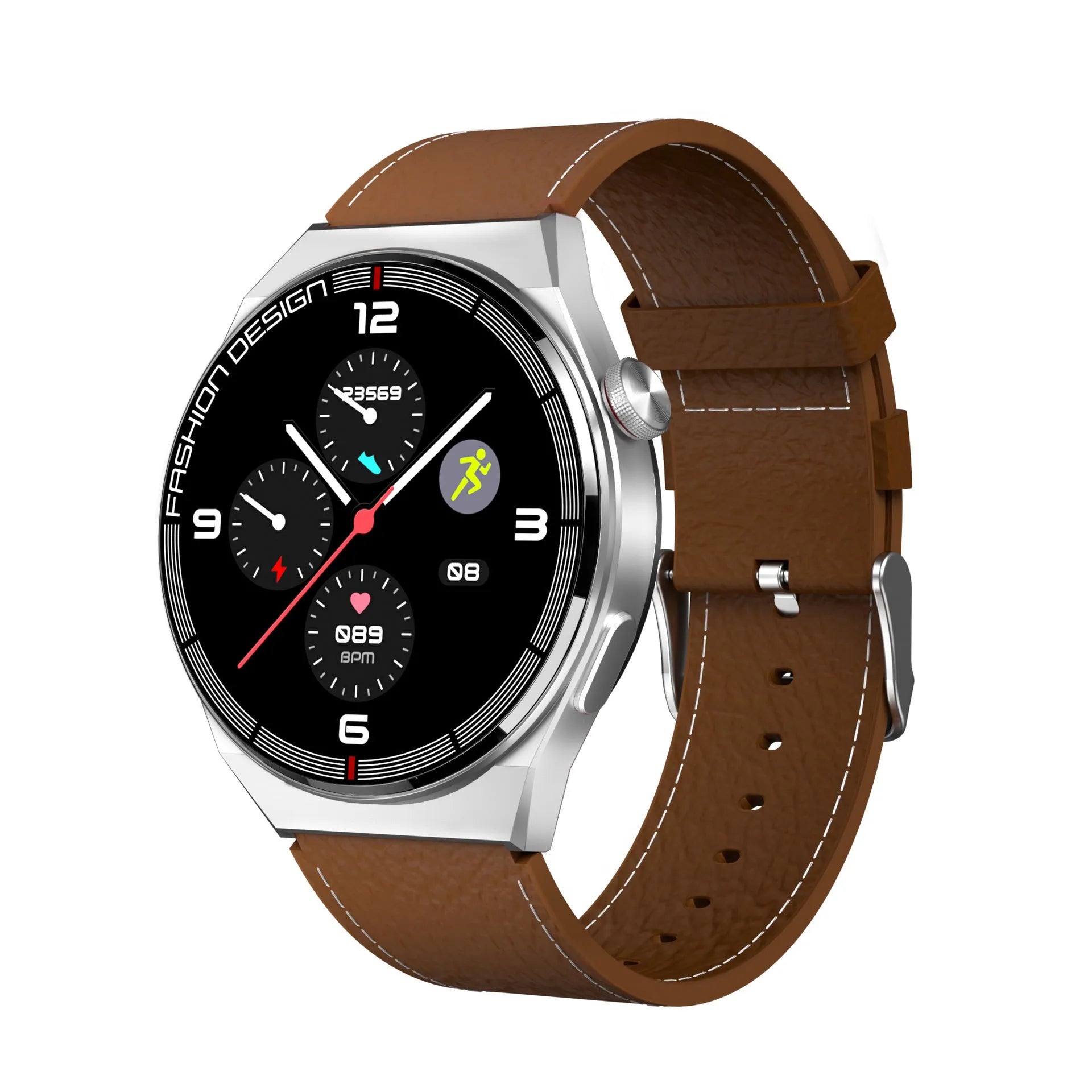 Smartwatch with 1.28-inch display showing health metrics, available in black or silver with silicone or steel straps