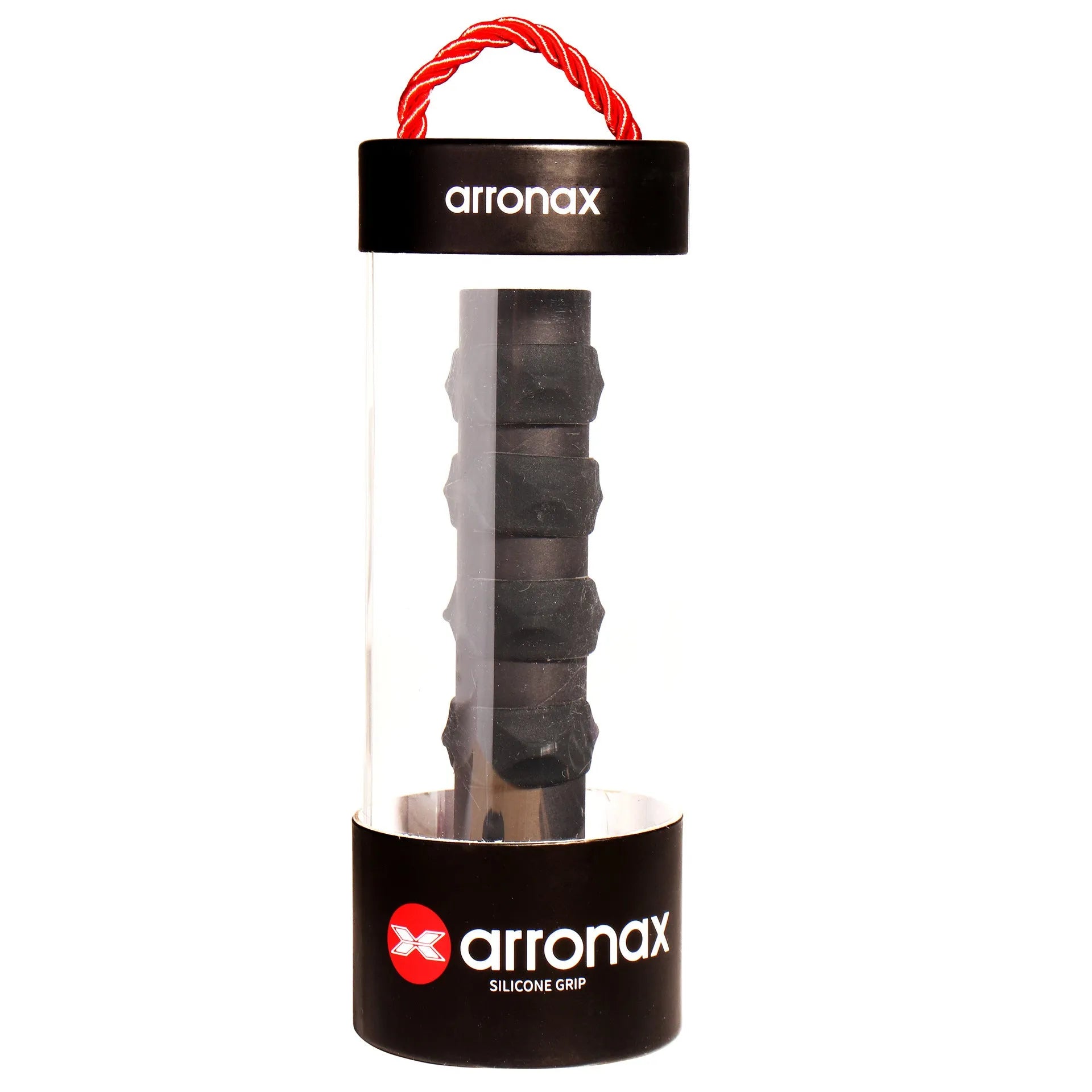 Silicone racquet hand rubber buckle in multiple colours on a tennis racquet handle.