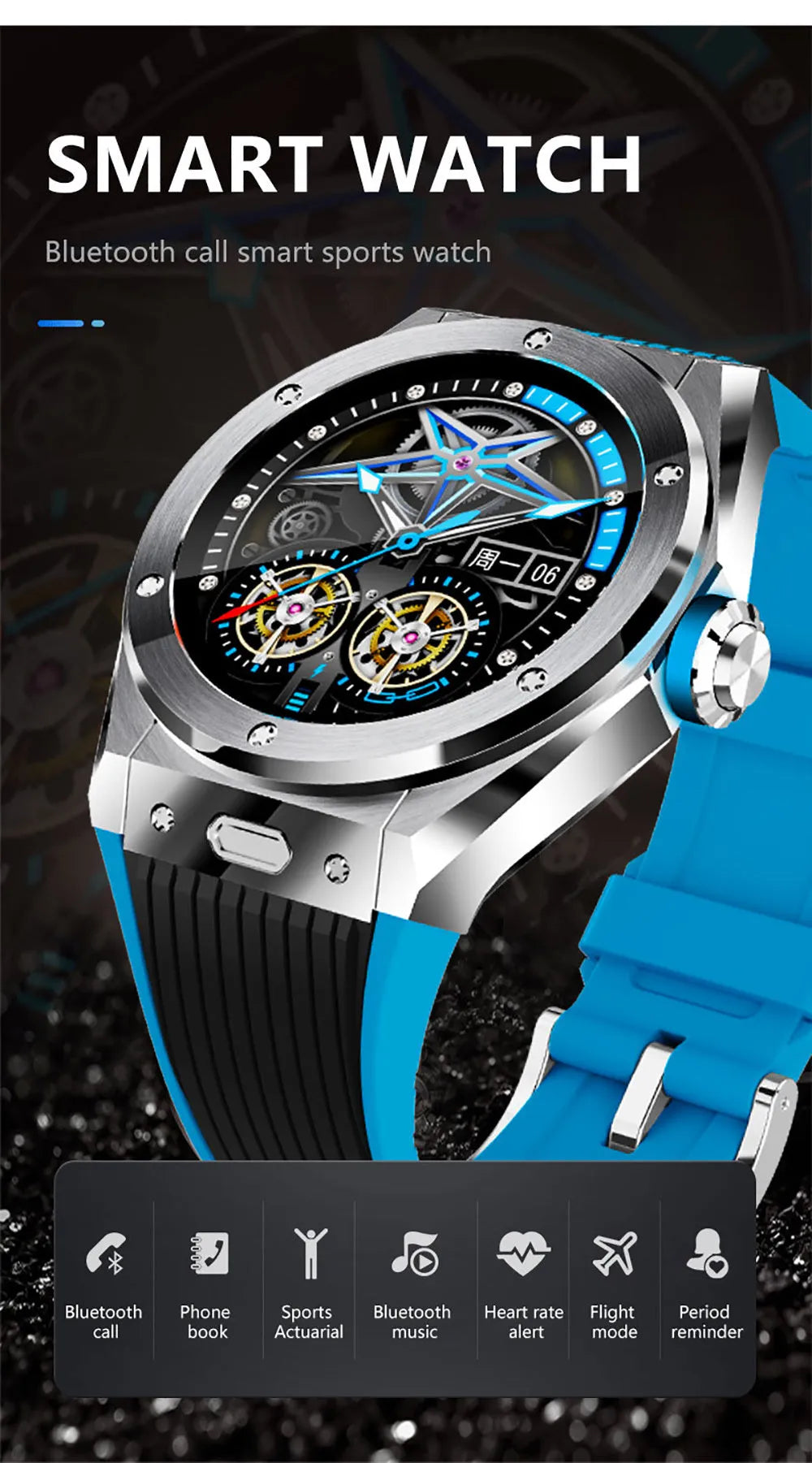 MV58 black Bluetooth smart watch with silicone strap on a wrist, showing call and health tracking display.