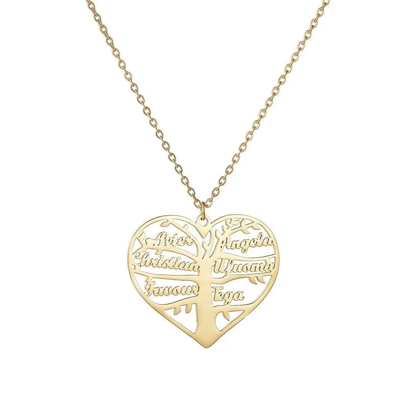 Custom stainless steel necklace with hollow heart tree pendant and engraved names in gold or silver finish