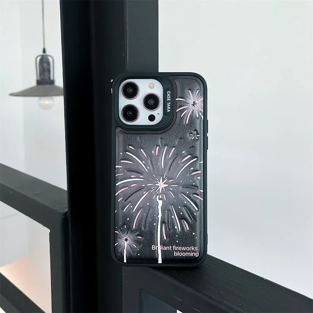 Leather embossed TPU phone case for iPhone 12-15 with colourful fireworks design, transparent back, and precise cutouts